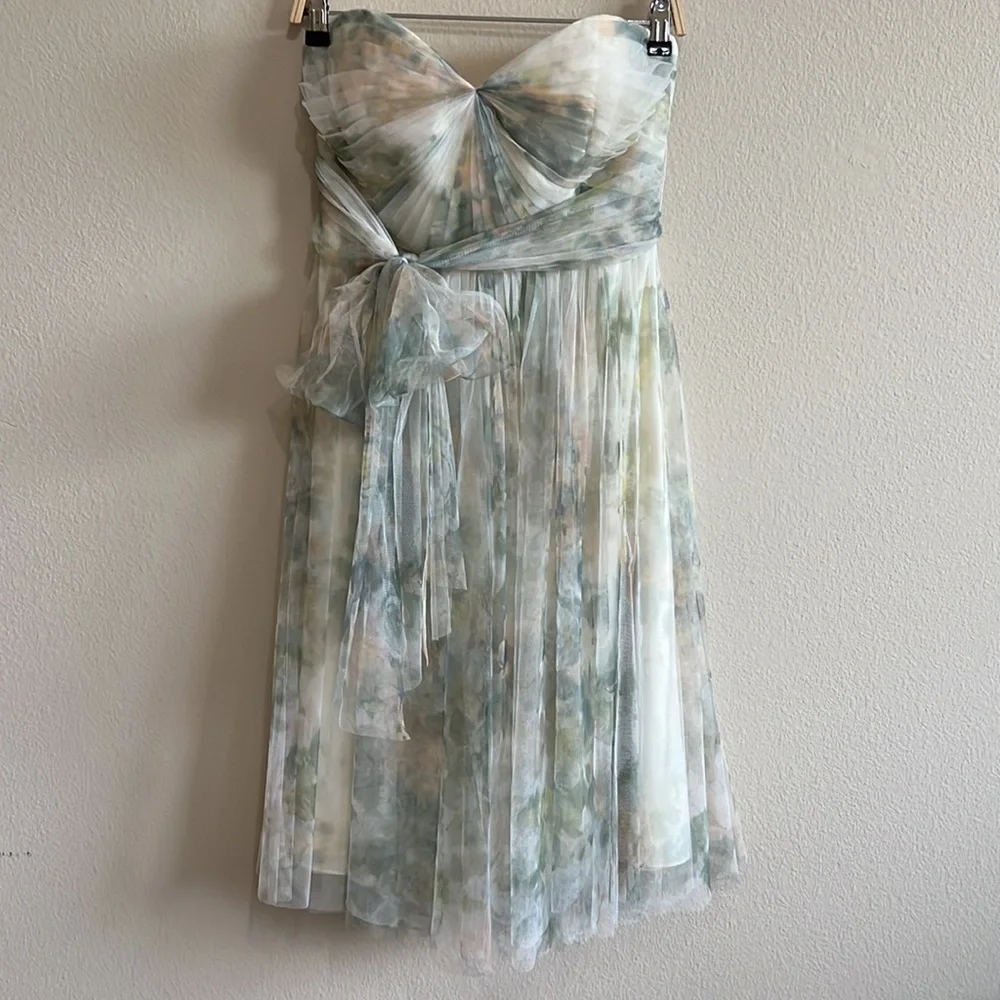 Jenny‎ Yoo Ivory Sage Maia Printed Tulle Sweetheart Strapless Dress Women Medium